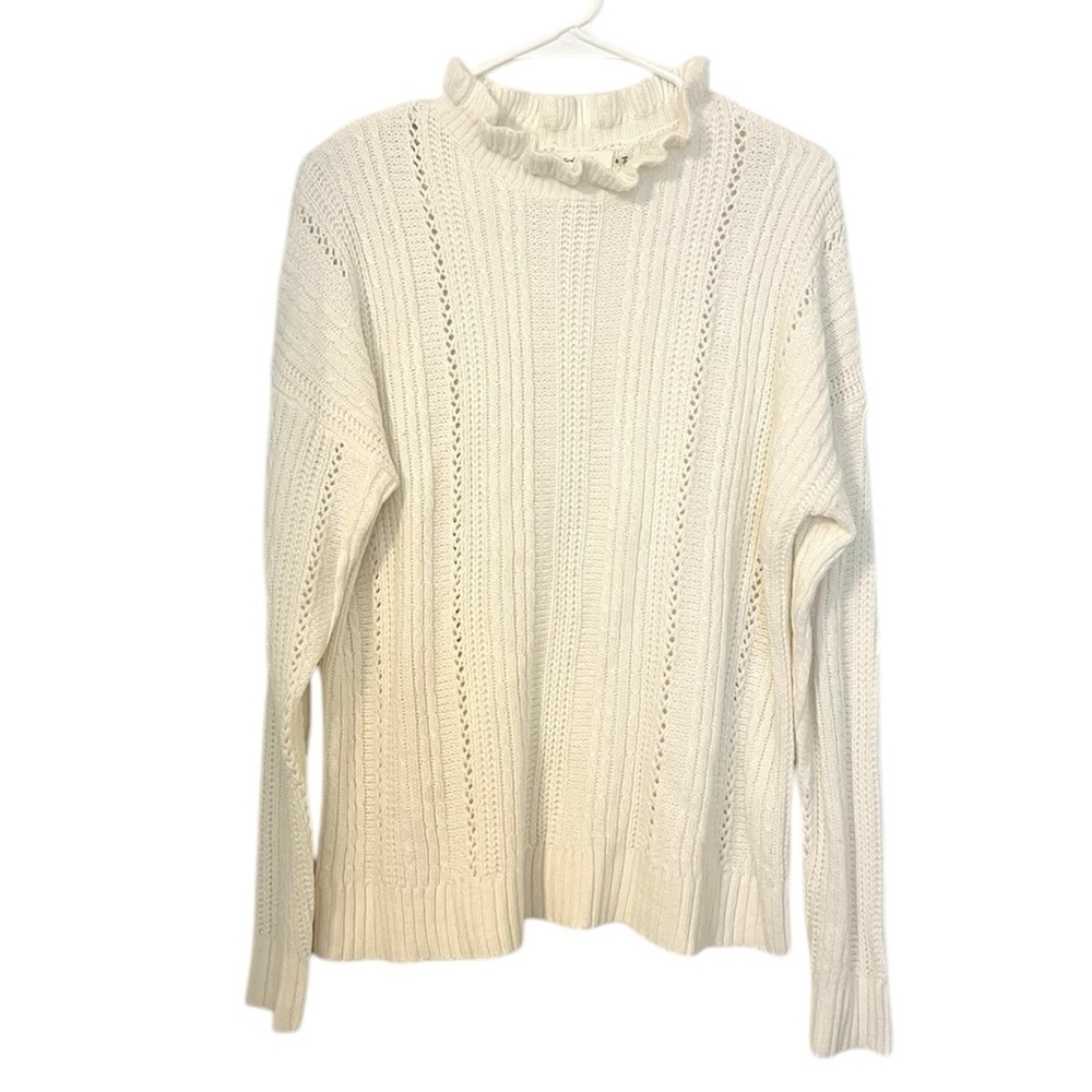 2/$30 Mustard Seed -Ivory Ribbed Knit Sweater Ruffle Mock Neck Cozy Pullover -S
